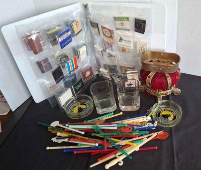 Collectible Matchbooks * Swizzle Sticks * 2 The Bull Pen Ashtrays * Pair Of Crown Royal Glasses *
