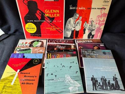 50s Era Records * Two 33 1/2 Records Including Glenn Miller * 13 45s * Sinatra * Howard Rumsey *
