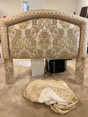 Queen Upholstered Headboard, bed skirt and comforter 