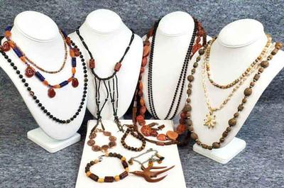 Artisan wood, stones and shell jewelry