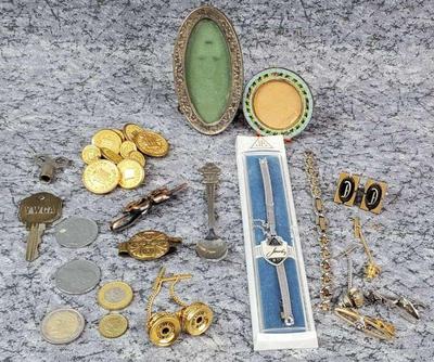 Tie clips money clips, foreign coins, vintage trinkets, buttons