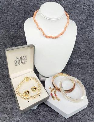 Coral necklace shell bangles, nolan miller, 14k earrings
