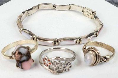 3 sterling rings and a mexican 950 bracelet
