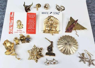 Gold toned pins earrings, charms cats, claddagh, holidays
