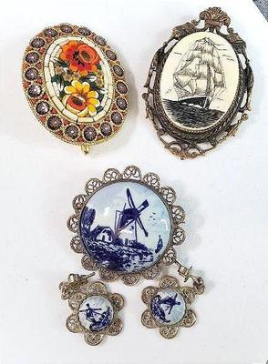 Vintage brooches earrings mosaic, delft, scrimshaw