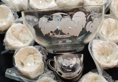 Vintage glass punch bowl and cups
