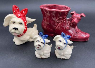 Vintage Dogs USA * Red Puppy on A Shoe & White Dogs With Bows * Shawnee Muggsy Salt & Pepper
