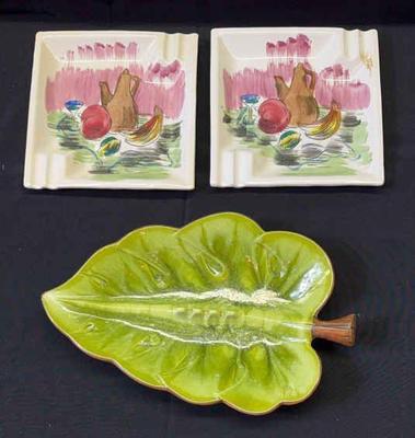 Mid Century Ashtrays * Treasure Craft Leaf 12x8x1.5” * 2 Wales Still Life 7.5” Square *
