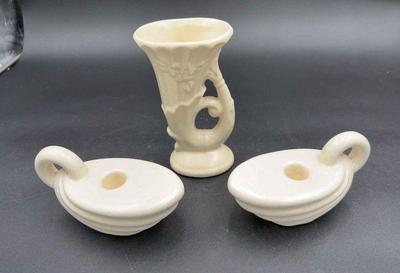 Vintage White 6” Vase & Two Handled Taper Candleholders
