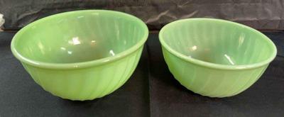 2 Green Fire-King Bowls Swirl Jadeite * Larger 8x4” * Smaller 7.5x3.5 *
