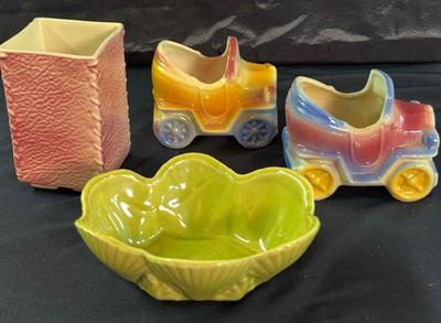 Shawnee Set Of 3.5” Auto Planters #506 * USA Red Vase * Shawnee 6” Green Bowl #154

