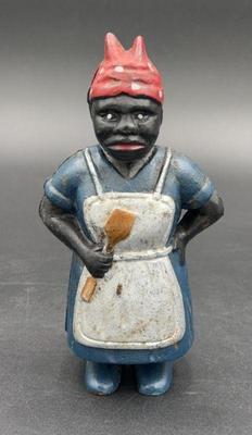 1920s? RARE Vintage Cast Iron Aunt Jemima Still Bank * Mammy In Blue Dress Holding A Spatula

