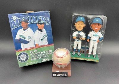 Ken Griffey Junior Signed Baseball And 2010 Mariners Bobbleheads ~ Separated From Base
