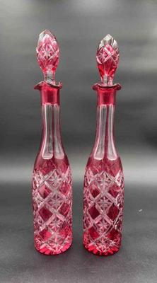 2~ 17” Cranberry Cut Crystal Decanters
