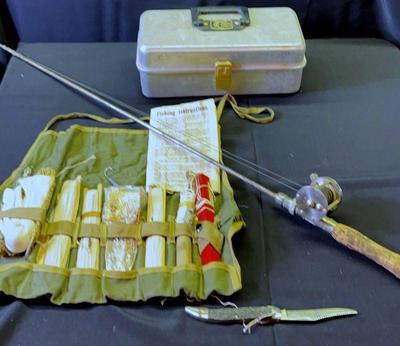 Vintage WW2 Pilots Emergency Fishing Kit * Metal Umco Tackle Box * Vintage Metal Rod & Reel
