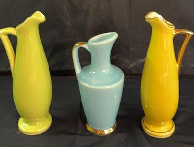 Shawnee 7” Blue Pitcher With Gold Trim * 2 Shawnee? 8” Pitchers * Gold Trim On Yellow Pitcher *
