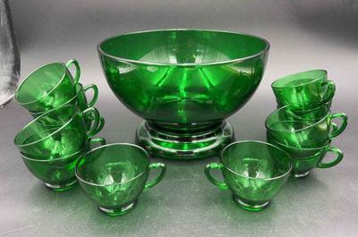 Vintage Green Glass Punch Bowl With 12 Cups
