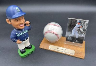 Ichiro Signed Baseball In Display With Trading Card * 6.5” Bobblehead
