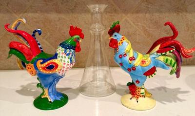 Danish decanter poultry in motion collectible roosters