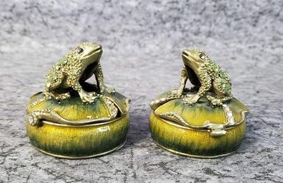 Enameled brass jeweled frog lily pad trinket boxes
