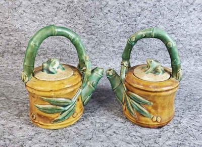 Vintage ceramic bamboo frog single serve teapots