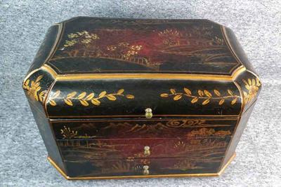 Chinoiserie vintage hand painted wood flatware chest