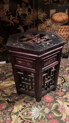 Wood hexagon stand antique asian carved