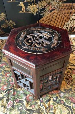 Antique asian carved wood hexagon table stand with coa