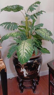 Asian planter faux plant, and stand