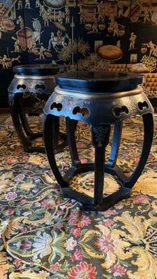 Oriental accent hand painted end tables matching pair