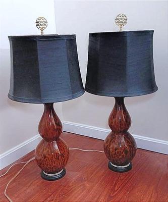 Pair of amber art glass lamps