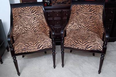 Pair of tiger print arm chairs
