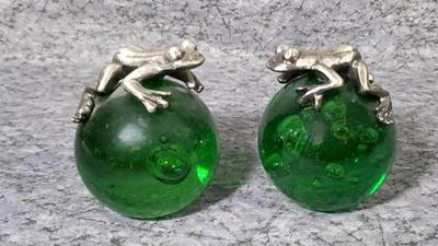 Pewter frogs on emerald green glass paperweights