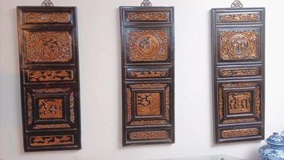 3 asian carved wood art panels