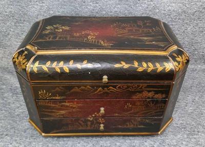 Asian chinoiserie painted wood flatware storage chest
