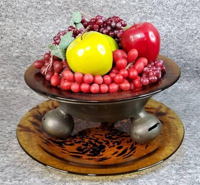 Amber glass bowl and large platter faux realist fruit