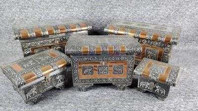 Asian elephant embossed metal copper overlay jewelry boxes