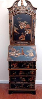Chinoiserie asian black lacquer drop front secretary