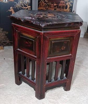Decorated chinoiserie antique carved wood hexagon stand