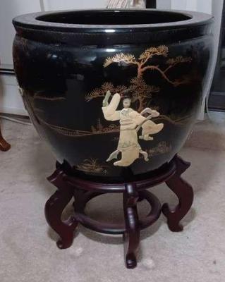Asian ceramic planter on wodden stand