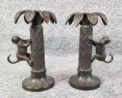 Bombay brass monkey in palm tree candle holders