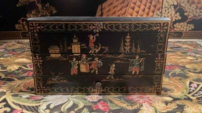 Asian decorated wooden flatware chest