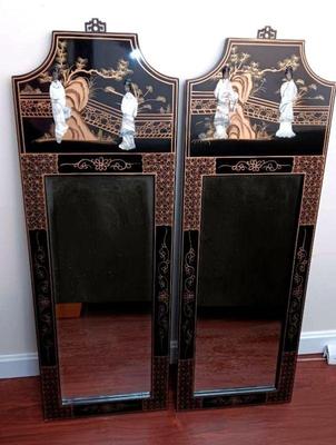 Pair of asian black lacquered artisan mirrors