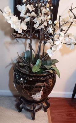 Asian ceramic planter wood stand, faux orchids