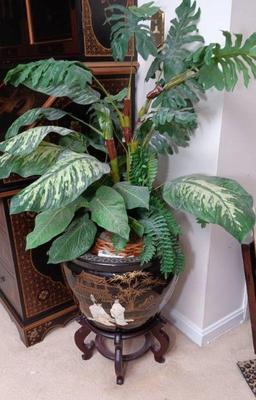 Asian planter stand, mixed fern and dogtail artificial plant