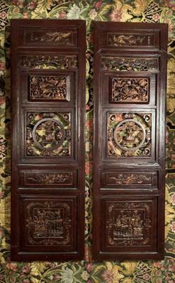 Antique asian carved wood art panels with coa