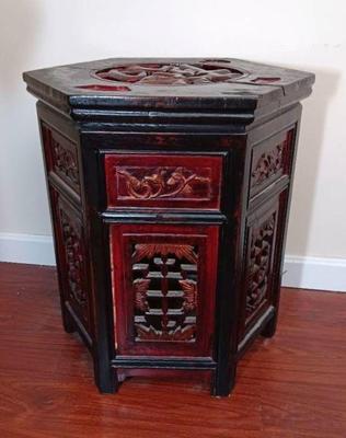 Antique asian carved rich wood hexagon table