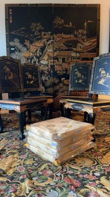 Asian dining room wood chairs set 4 with 4 new cushions
