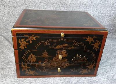 Asian chinoiserie decorated wood flatware chest
