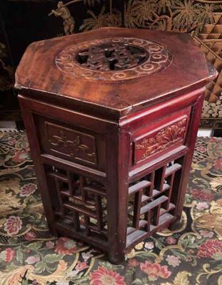 Antique asian carved wood hexagon table with coa